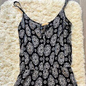 Black Romper with Grey and White Geometric Floral Pattern